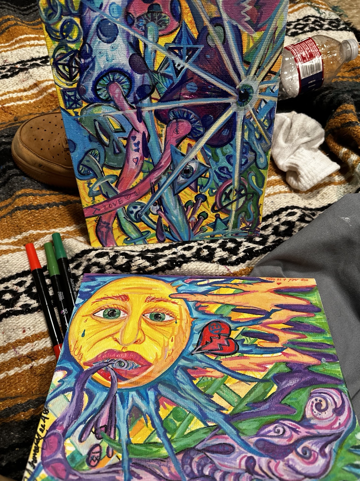 Two colorful paintings shown together